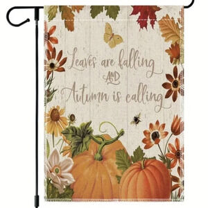 Leaves are falling, autumn is calling garden flag, pumpkins & leaves, fall
